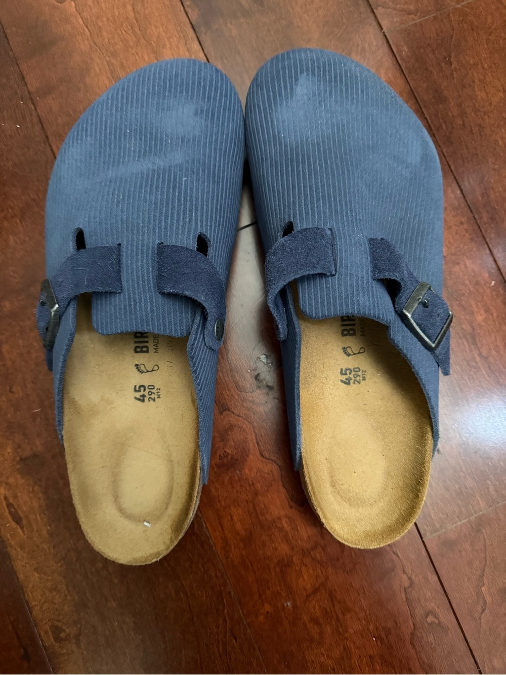 Birkenstock-Blue Corduroy Slip-On Buckle Clogs